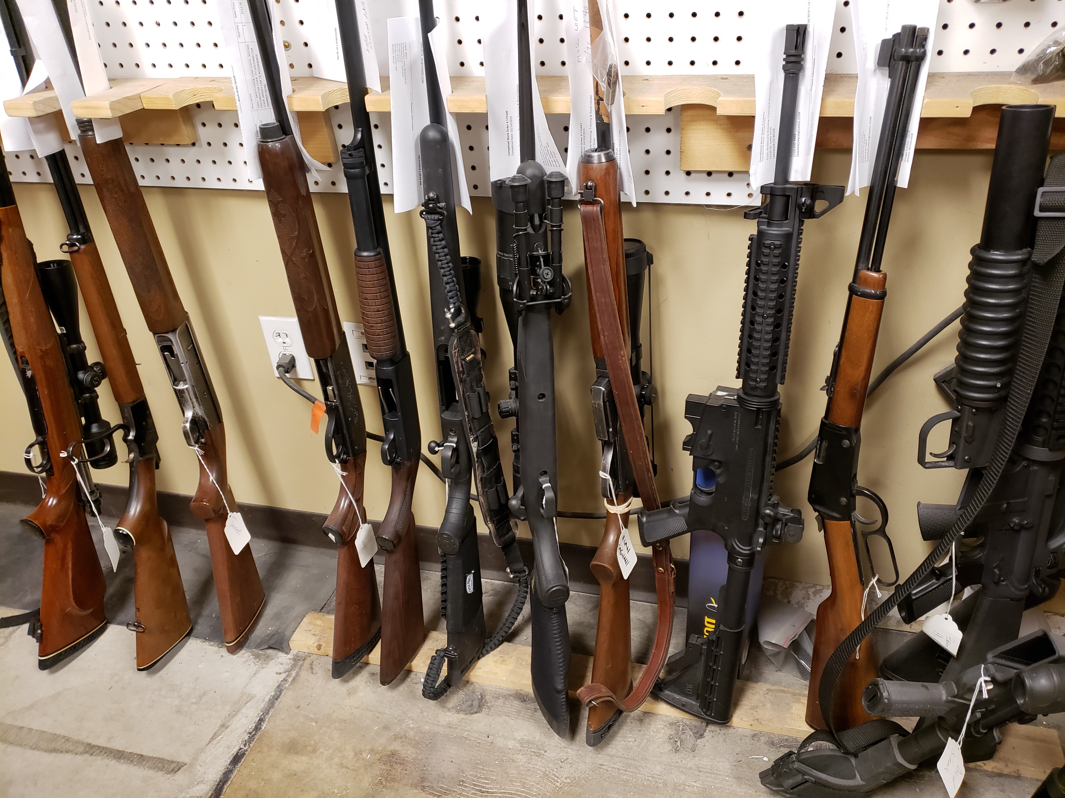 Guns ready to be picked up in the Gunsmith Shop